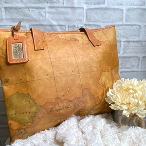 Alviero Martini Tan World Map Tote